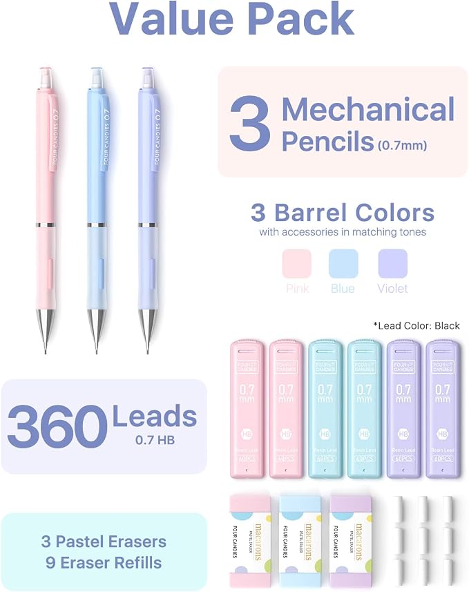 Four Candies Cute Pastel Mechanical Pencil Set, 3 Pack | 360 Lead Refills - Image 8