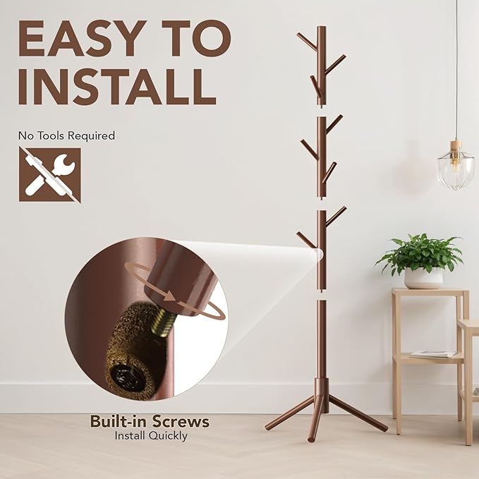 Wooden Tree Coat Rack Stand,Sturdy Freestanding Coat Rack with 8 Hooks,3 Adjustable Height for Child Adult,Wood Coat Stand Tree Fits Entryway Bedroom Office for Bags,Hats-DeskLoop Office