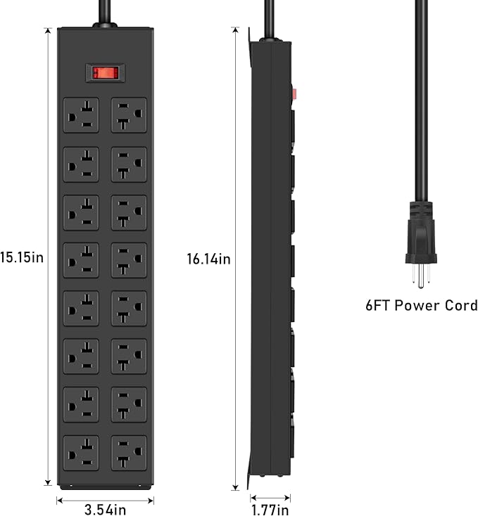 JUNNUJ Heavy Duty 20 Amp Power Strip with Surge Protection 3000J, Garage 16 Outlets Metal 12 Gauge, Desk Strips Wide Spaced, High Amp 5-15P Adapter Shop 6-20R T-Slot Industrial Outlets (16AC, 6FT)-DeskLoop Office