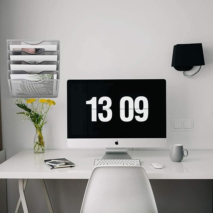 EASEPRES 5 Pocket Mesh Hanging Wall File Organizer, Wall Mounted Mail Paper Document Folder Holder, Clipboard Storage Organization Magazine Rack with Nametag Label for Office Home School, Silver-DeskLoop Office