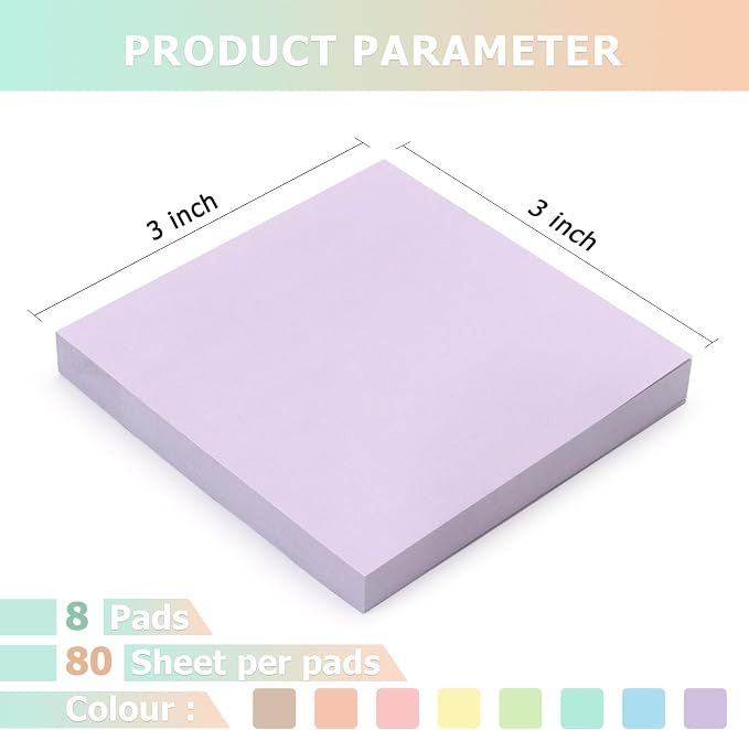 Sticky Notes 3x3inch, 8 Pads Self-Stick Notes, 8 Pastel Multi Colors - Image 3