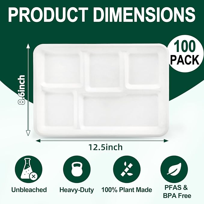 Tinybee 100% Compostable 5 Compartment Paper Plates 12.5 * 8.6 Inch Large Heavy - Image 2
