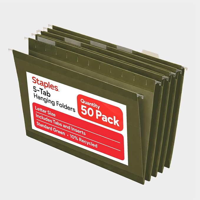 Staples Hanging File Folders, Letter Size, 1/5‑Cut Tabs, Standard Green by Staples
