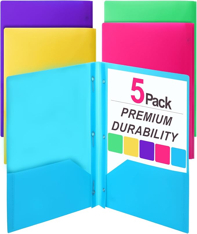 Mr. Pen- Plastic Folders with Pockets and Prongs, 5 Pack, Letter Size | by MrPen