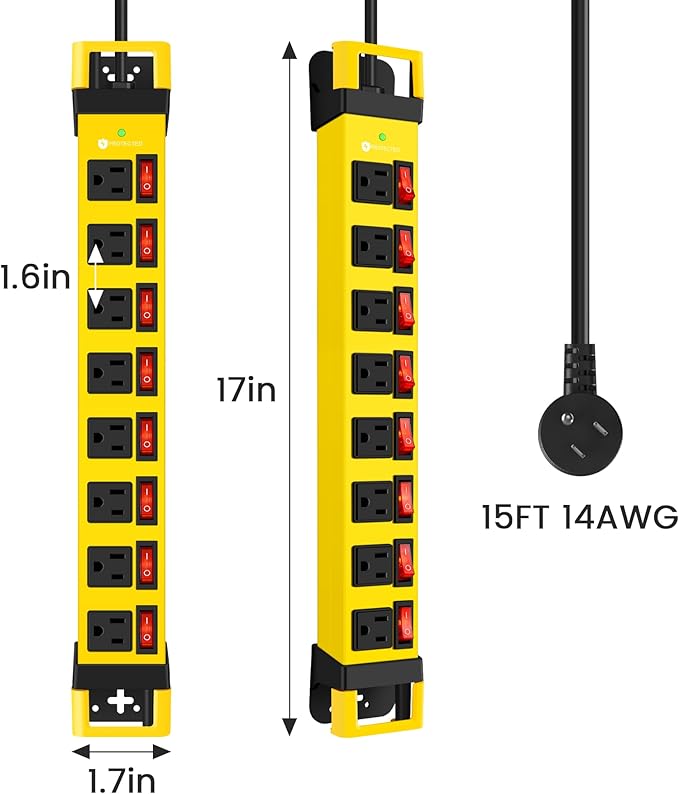 Heavy Duty Power Strip with Individual Switches,8 Outlets 14 Gauge Industrial Shop Garage Metal Multiple Outlets,1200J Surge Protector Mountable Power Strip,15FT Extension Cord Management (Yellow)-DeskLoop Office