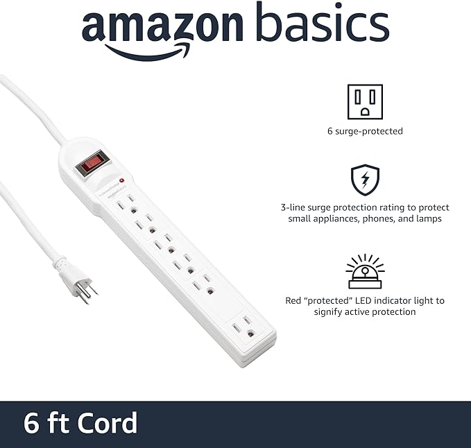 Amazon Basics Surge Protector Power Strip, 6-Outlet, 790 Joules, LED Indicator, 6ft Extension Cord, White-DeskLoop Office