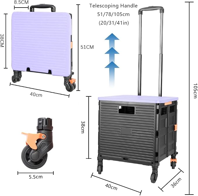 FELICON SELORSS Foldable Utility Cart Folding Portable Rolling Crate-Purple | - Image 7