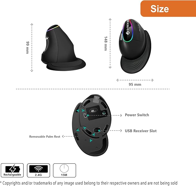 J-Tech Digital Ergonomic Mouse with Wireless Connection, Removable Palm Rest, Thumb Buttons, Rechargeable Battery, 800 DPI, Compatible with Windows and MAC OS-DeskLoop Office