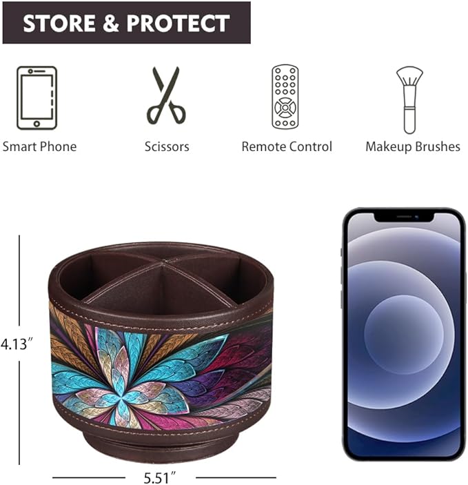 Rotating Pen Holder for Desk, Leather Pencil Pen Organizer Remote Control Holder Table Desktop Nightstand Organizer Caddy Storage, Office Desk Organizers And Accessories 5.5x5.5x4.0 Inch-DeskLoop Office