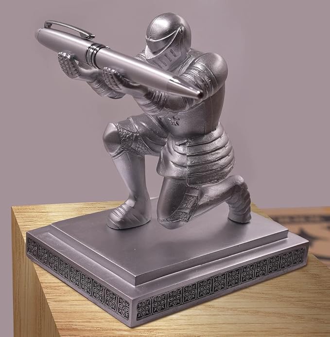 Executive Knight Pen Holder with A Cool Pen, Home Office Desk Organizers Decor Resin Pen Holder, Christmas Gift Idea for Dad, Uncle, Man, Boyfriend, Friends Silver-DeskLoop Office
