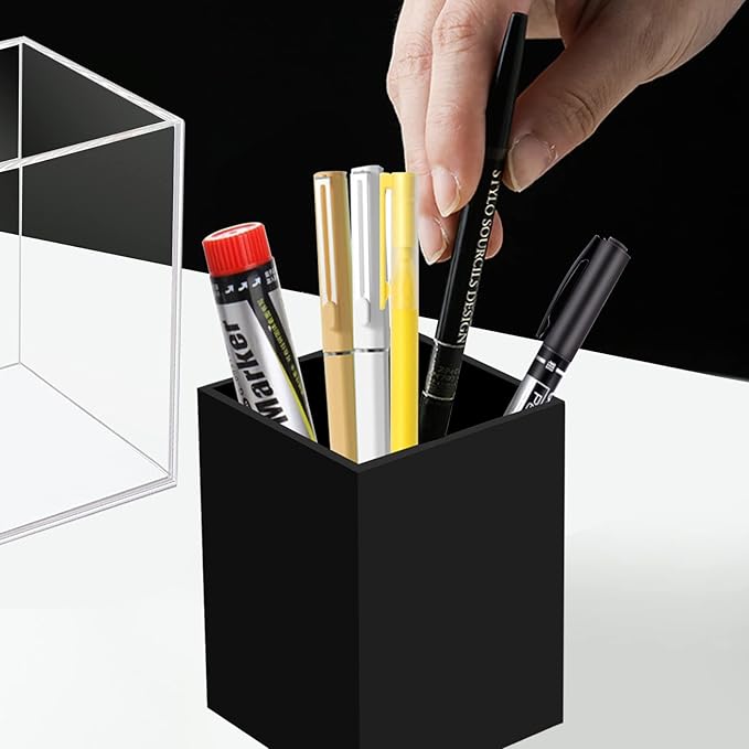 2 Pack Acrylic Pen Pencil Holder, Black Makeup Brush Holder Cup Storage Office Desktop Desk Table Stationery Organizer-DeskLoop Office