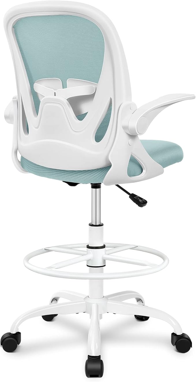 Primy Drafting Chair Tall Office Chair with Flip-up Armrests Executive Ergonomic Computer Standing Desk Chair with Lumbar Support and Adjustable Footrest Ring（Light Blue）-DeskLoop Office