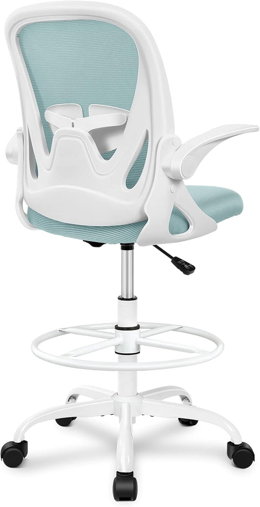 Primy Drafting Chair Tall Office Chair with Flip-up Armrests Executive Ergonomic Computer Standing Desk Chair with Lumbar Support and Adjustable Footrest Ring（Light Blue）-DeskLoop Office
