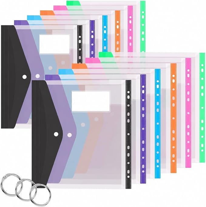 Clear Plastic Document Envelopes, 12 Pack, 6 Colors, Button Closure, by Unknown