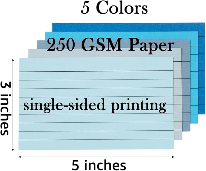 100 Sheets 3x5 Colored Ruled Note Cards Index Cards, 5 Blue | 250 GSM Heavy - Image 2