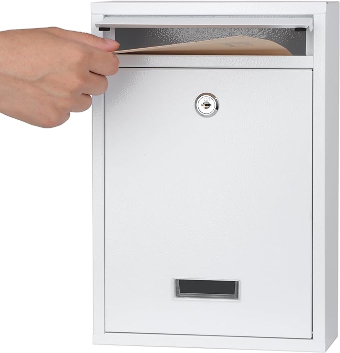 KYODOLED Key Lock MailBoxes for Outside, Locking Wall Mount Mailbox, Security Key Drop Box for Letters Newspapers, Cards, 12.4H x 8.54L x 3.35W Inches, White-DeskLoop Office