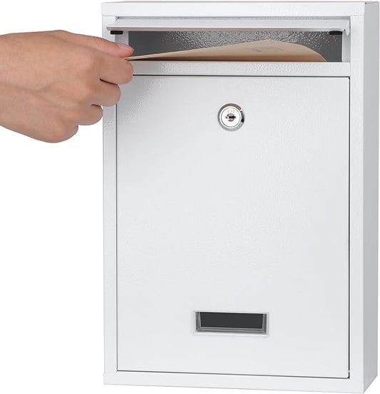 KYODOLED Key Lock MailBoxes for Outside, Locking Wall Mount Mailbox, Security Key Drop Box for Letters Newspapers, Cards, 12.4H x 8.54L x 3.35W Inches, White-DeskLoop Office