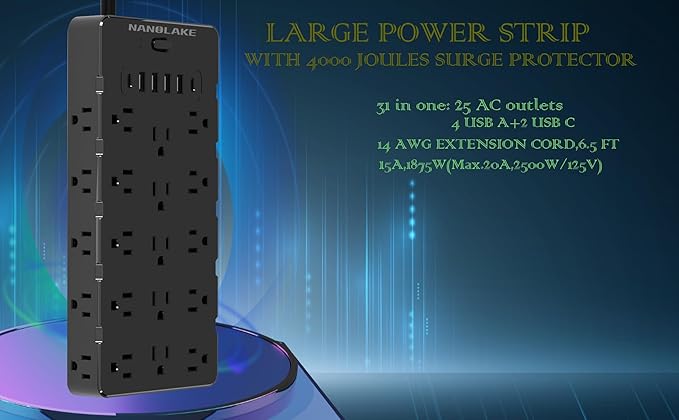 Heavy Duty Surge Protector Power Strip - 25 AC Outlets, 6 USB Ports, 4000J Protection, 6.5ft 14AWG Extension Cord, Flat Plug, Mountable,ETL Listed-DeskLoop Office