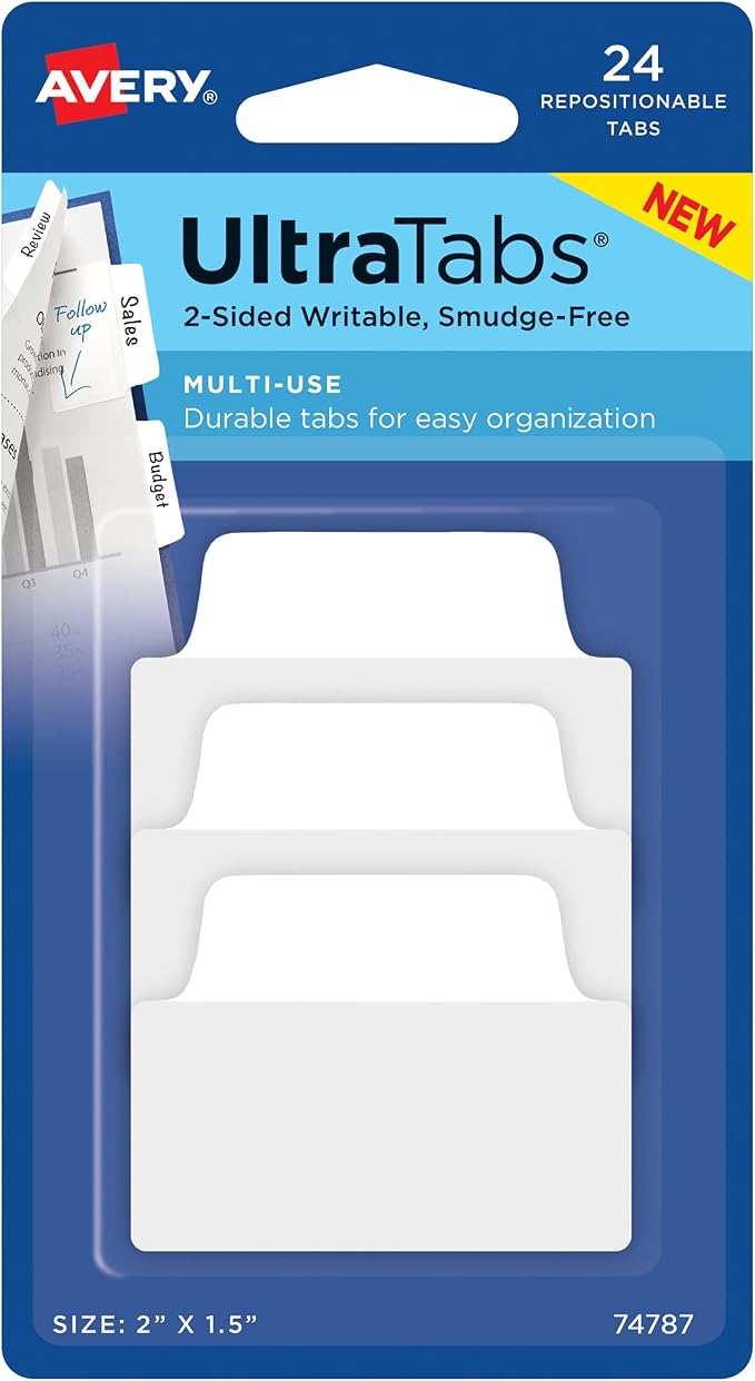 Avery Multiuse Ultra Tabs, 2-Side Writable, 24 Repositionable Tabs by Avery