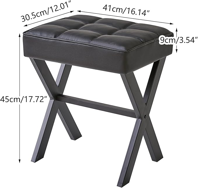 IBUYKE Square Makeup Stool with X-Leg Foot Rest, PU Footrest, Ottoman Seat Vanity Stool, Multi-Use as Small Side Table, for Bedroom, Living Room, Black LG-71B-DeskLoop Office