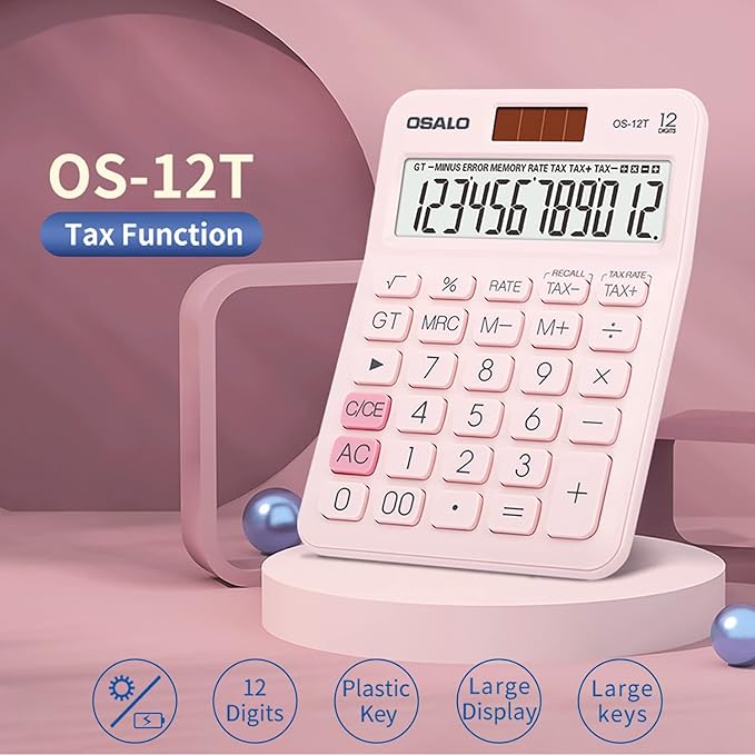 Pocket Small Size Desk Calculator, 12 Digit Large LCD Display, Basic Tax Function Handheld Desktop Calculator with Solar Battery Dual Power, Perfect for Office, School, Business OS-12T (Pink)-DeskLoop Office