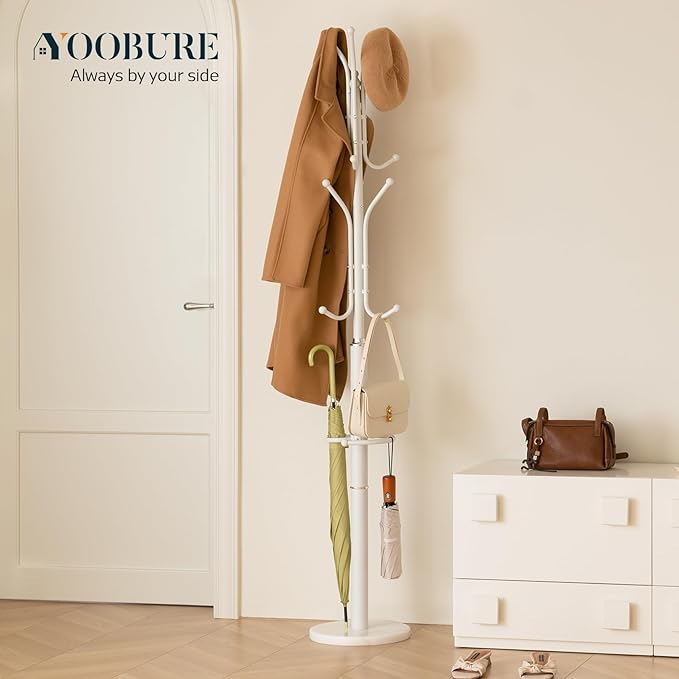 Yoobure Metal Coat Rack Freestanding with Marble Base, Coat Tree with 12 Hooks & Umbrella Holder, Coat Hanger Stand for Corner Entryway Bedroom Office, Heavy Duty Coat Rack Stand for Clothes Hats Bags-DeskLoop Office