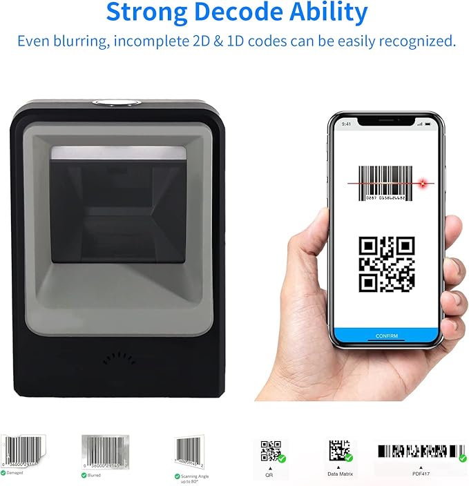 Handsfree 2D 1D Barcode Scanner,Alacrity QR Omnidirectional Desktop Bar Code Reader Scanner, Capture Barcodes from Mobile Phone Screen, Black-DeskLoop Office