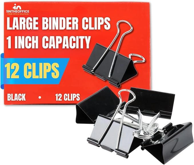 1InTheOffice Large Binder Clips, Paper Clamps, Paper Binder Clips, 12 Pack by 1InTheOffice