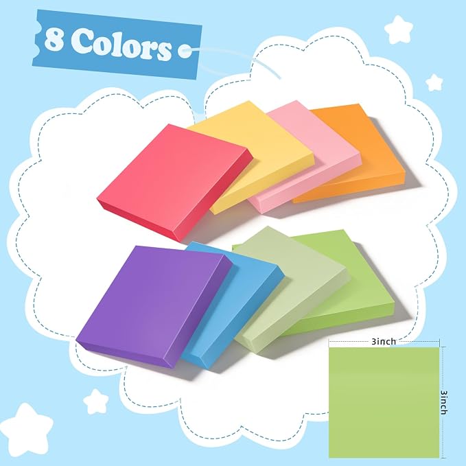 3x3 Inch 8 Pack Self-Stick Sticky Notes, 480 Total Sheets, Colorful Memo Pads - Image 2