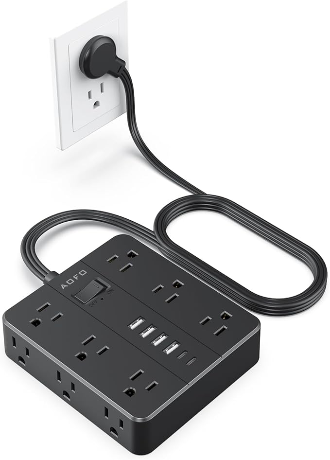 Flat Plug Power Strip, AOFO 5 Ft Extension Cord with 12 Outlets & 6 USB Ports (4 USB-A, 2 USB-C), Surge Protector, Ideal for Home, Office, Dorm, Large Spaces, Reliable and Safe, Black-DeskLoop Office