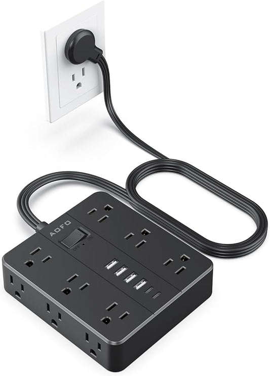 Flat Plug Power Strip, AOFO 5 Ft Extension Cord with 12 Outlets & 6 USB Ports (4 USB-A, 2 USB-C), Surge Protector, Ideal for Home, Office, Dorm, Large Spaces, Reliable and Safe, Black-DeskLoop Office