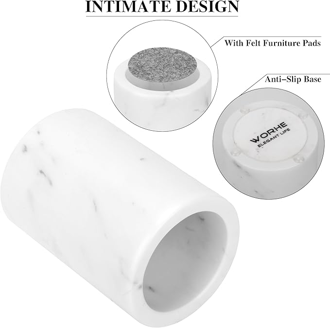 WORHE Natural Marble Pen Holder for Desk, Handcrafted Volakas Sturdy Desk Organizer for Office Supplies Storage Desktop Stationary Makeup Brushes Cup Pencil Holders for Home White (DL002)-DeskLoop Office