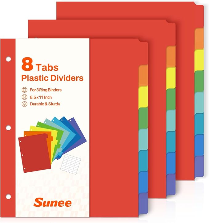 SUNEE 8 Tab Binder Dividers, Plastic Dividers by SUNEE