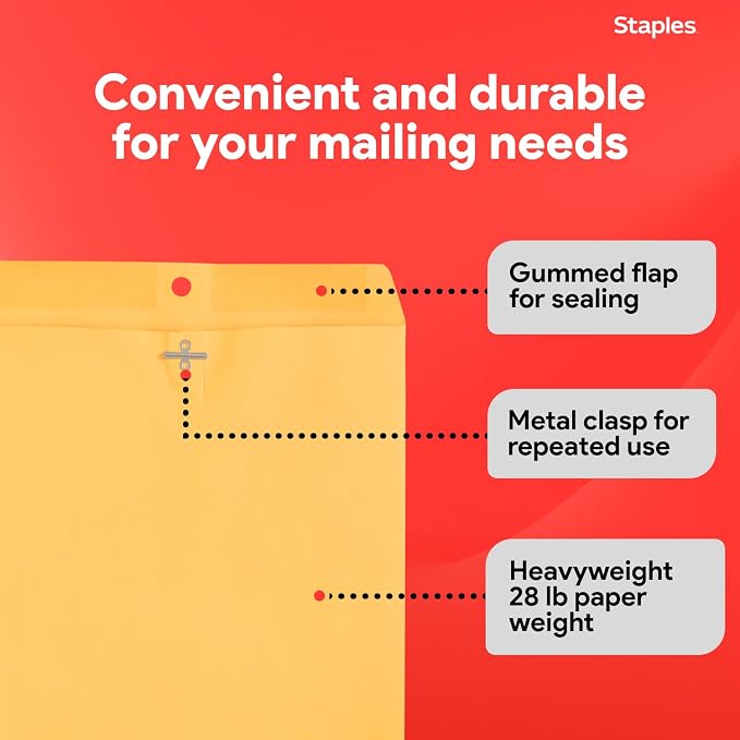 Staples 9 x 12 Kraft Clasp & Moistenable Envelopes, Heavyweight Document Mailers - Image 4