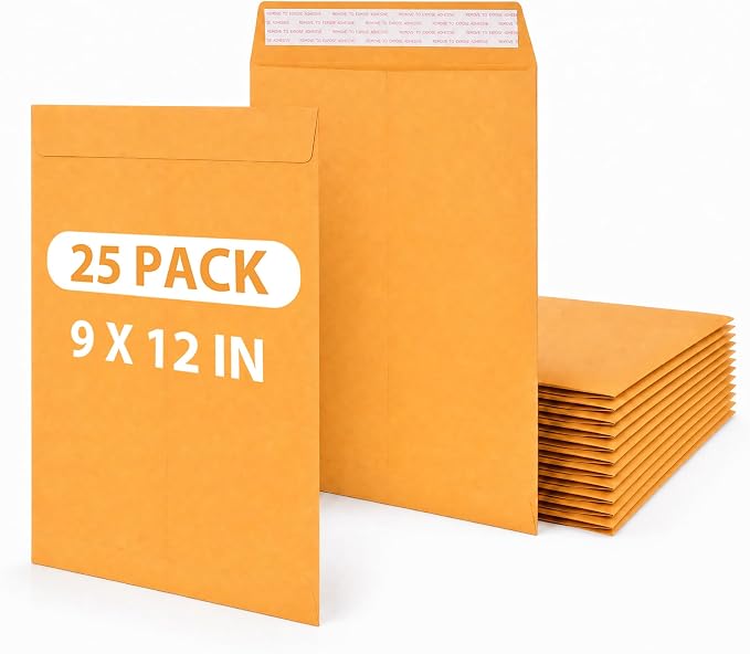 25 Pack Envelopes 9x12, 28LB Kraft Paper Large Document Catalog Envelopes by Catlovecorn