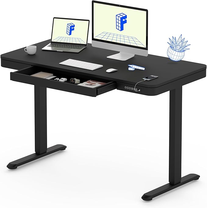 FLEXISPOT Comhar Electric Standing Desk with Drawer Desktop & Adjustable Frame Quick Install w/USB Charge Ports (Black, Wood)-DeskLoop Office