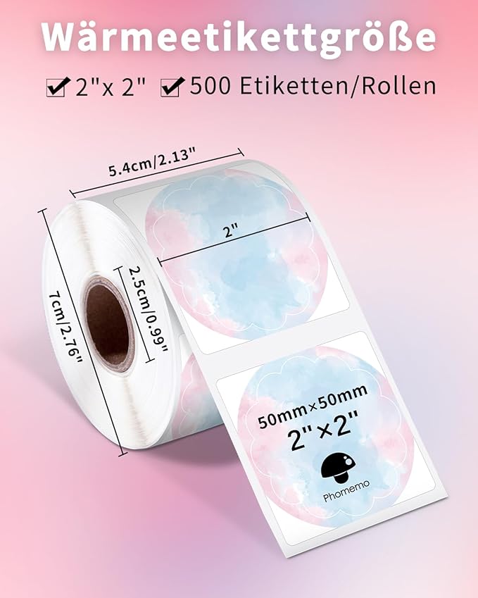 Phomemo 2" Pink Round Label Stickers Roll for 4X6 Thermal Label Printer for Small Business Supplies - 750pcs / Roll - Commercial Grade Thermal Labels for Custom Stickers Personalized & Business Logo