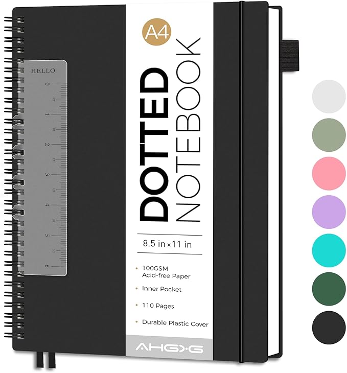 AHGXG Bullet Dotted Journal - Dot Grid Spiral Notebook 8.5" x 11", A4 Large Dotted Notebook, 100 GSM Thick Paper, Waterproof Plastic Cover Journals for Bullet Journaling, Sketching, Black-DeskLoop Office