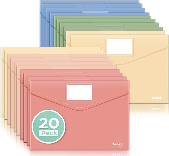 Sooez 20 Pack Plastic Envelopes, Plastic File Folder, Folders by Sooez