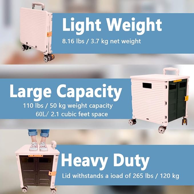 FELICON SELORSS Foldable Utility Cart Folding Portable Rolling Crate-Pink | - Image 3