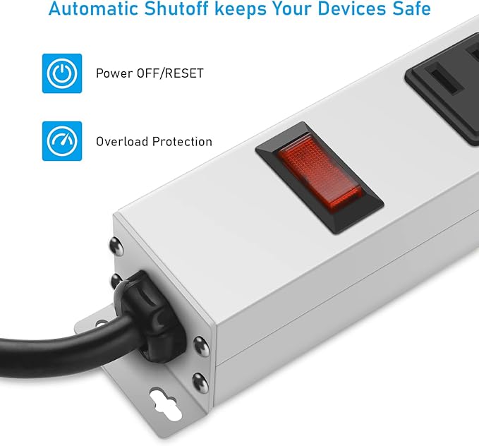 JUNNUJ Metal 16 Outlet Power Strip, Mountable Heavy Duty Power Strip, 1200J Surge Protector Wall Mount Screws Outlet with Switch, Gaming Desk Strips Wide Spaced 15A 125V 1875W, 6 FT 14AWG Power Cord-DeskLoop Office