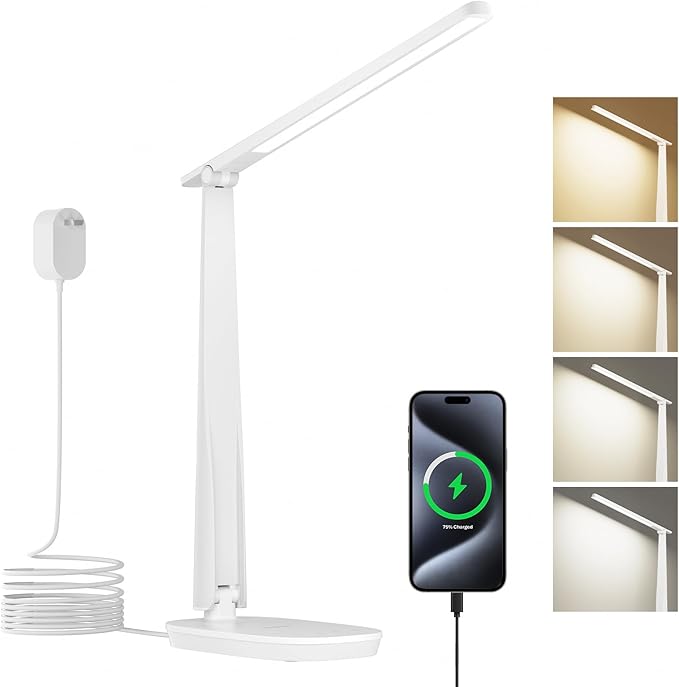 HONEYWELL Desk Lamp for Home Office, Dimmable LED Desk Light with USB A+C Dual Charging, 4 Modes Brightness Touch Lamp with Timer, Eye Caring Foldable Reading Light, Table Lamp for Study Nightstand-DeskLoop Office