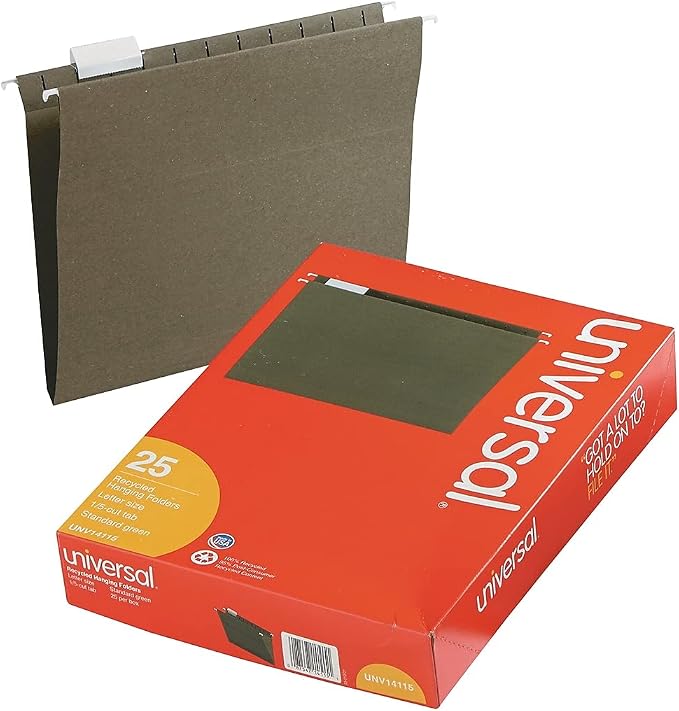 Universal 14115 Hanging File Folders, 1/5 Tab, 11 Point Stock, Standard Green - Image 2
