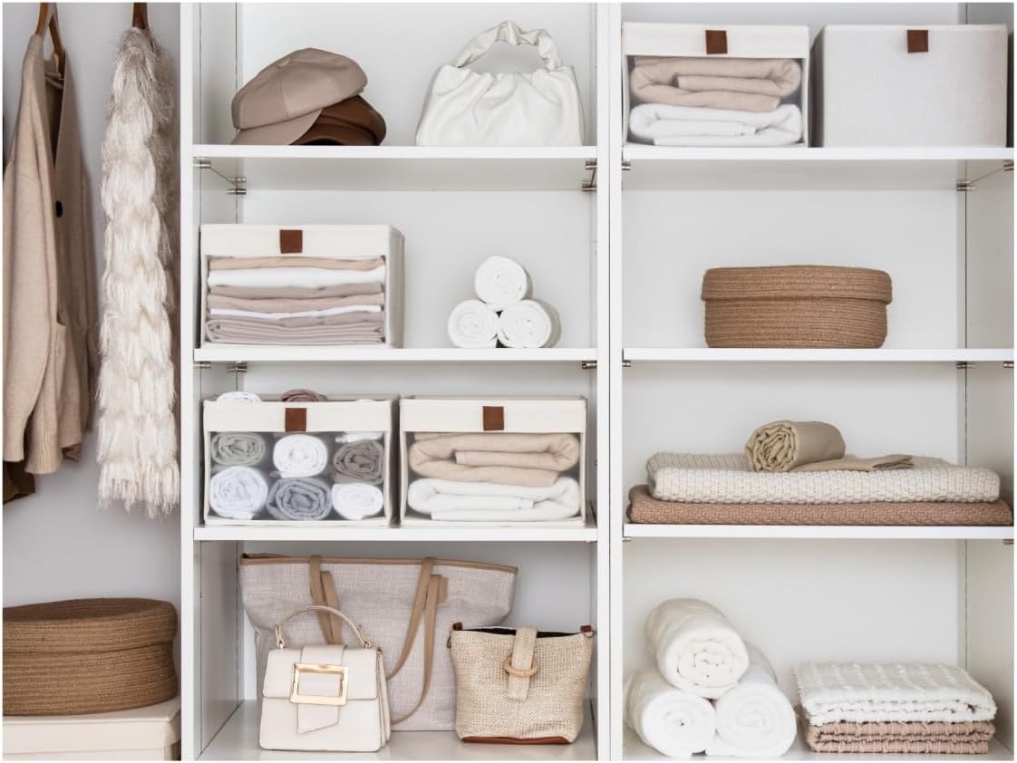 StorageWorks Closet Storage Bins, Storage Baskets with Clear Window and Handles, Foldable Fabric Organizer for Clothes, Shelves, Beige, 3 Pack-DeskLoop Office