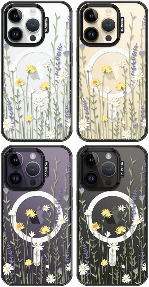 MOSNOVO Magnetic Case for iPhone 14 Pro, 10ft Military-Grade Protection, Compatible with Magsafe, Shockproof Phone Case for iPhone 14 Pro - Wild Meadow - Clear Black-DeskLoop Office