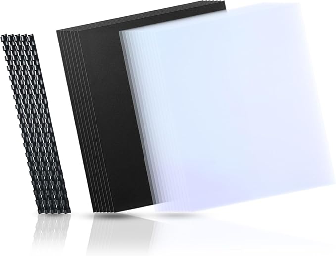 HOUYEE 180 Pack Binding Covers Set: 60 Pcs 3/8 Inch Black Binding Combs, 8.5x11 Inches, 60 Pcs 10 Mil Clear Binding Covers, 60 Pcs 12Mil Black Sand Texture, Letter Size-DeskLoop Office