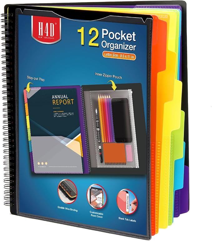 H4D 12 Pocket Poly Project Organizer, Spiral Multi Pocket Folder Organizer by H4D