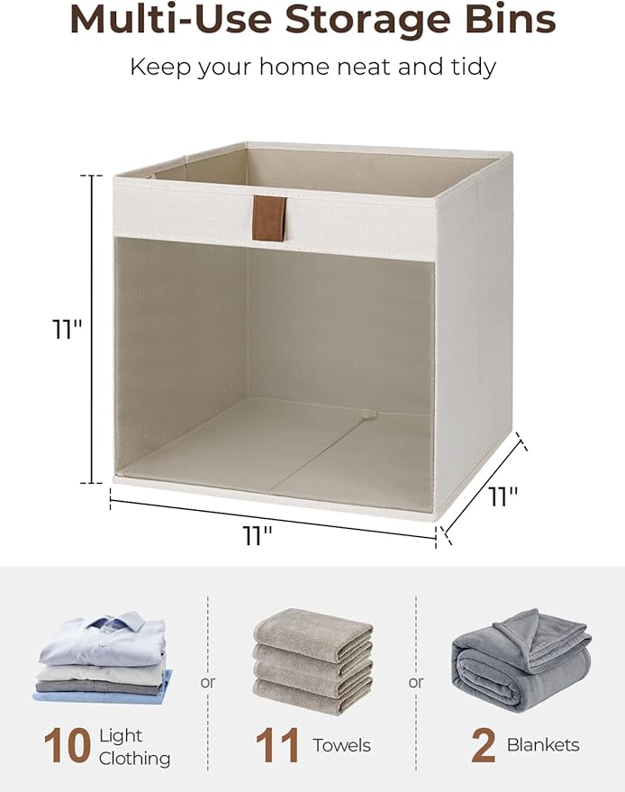 StorageWorks 11x11 Storage Cubes, Closet Storage Bins with Clear Window, Fabric Organizer for Clothes, Collapsible Storage Baskets with PU Handles, Beige, 3-Pack-DeskLoop Office
