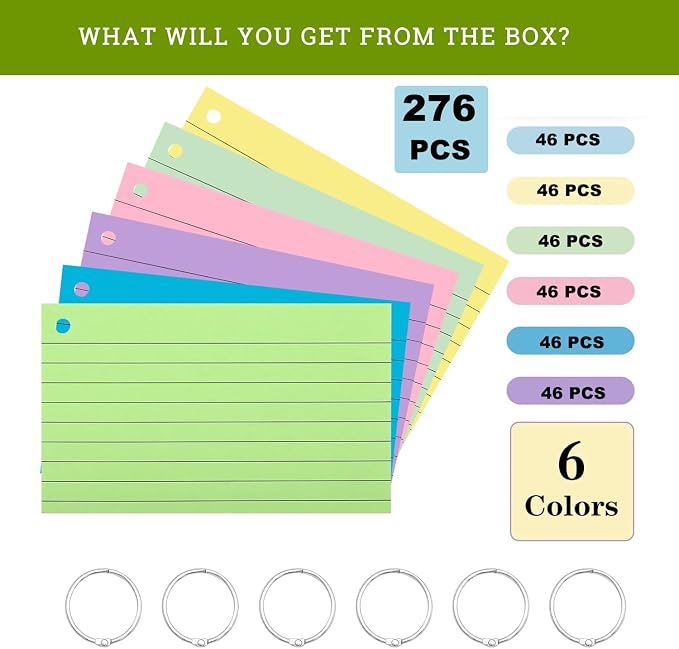 MIUTME 276PCS Index Cards With Ring, 3x5 Inches Colored Flash Cards, Lined on - Image 2