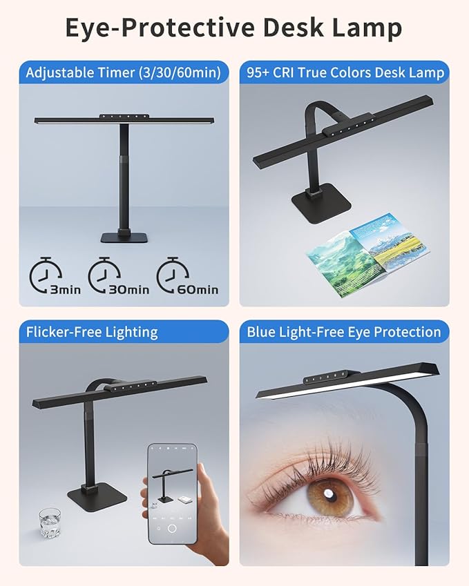 Desk Lamps for Office with Stable Base, 24W Touch Control Brightness Adjustable Tall Desk Lights, Eye-Caring Architect Task Light, Dimmable Brightness & Color Computer Lights for Desktop, Black-DeskLoop Office